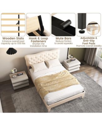 Queen Size Bed Frame with Nail Headboard and Wooden Slats