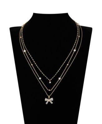 Cubic Zirconia and Mother of Pearl Bow Layered Pendant Necklace Set