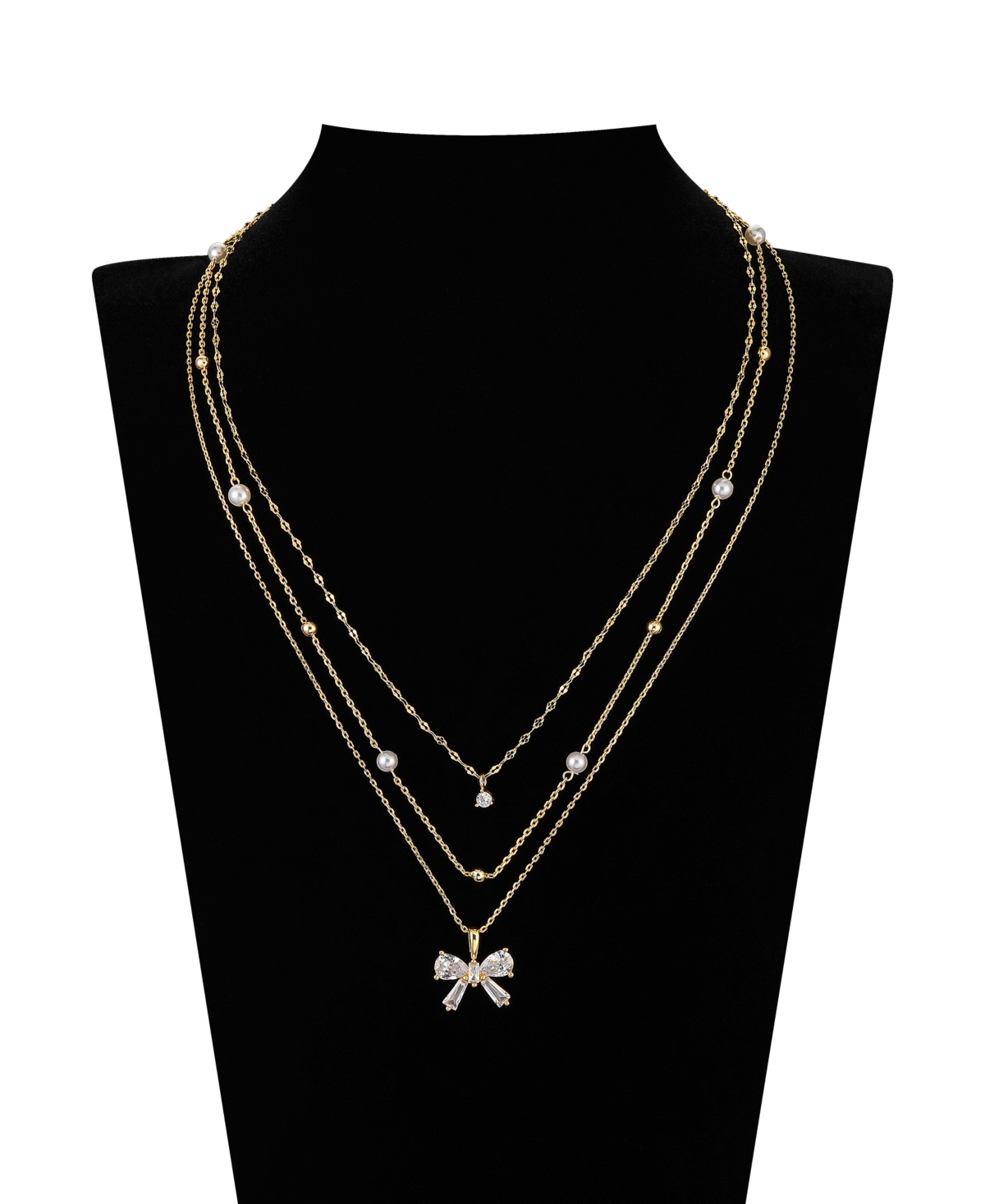 Unwritten Cubic Zircoina And Mother Of Pearl Bow Layered Pendant Necklace Set In Gold