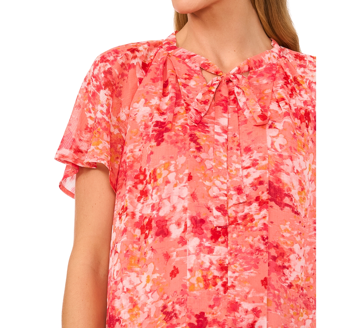 Cece Women's Printed Flutter-sleeve Pleated Bow Blouse In Deep Sea Coral
