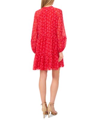 Women's Bow-Print Babydoll Long-Sleeve Dress