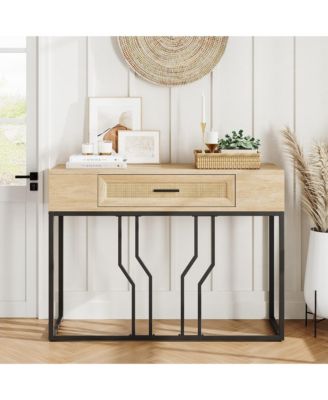 Console Table, Sofa Tables Rattan Entryway Table with Storage Drawer