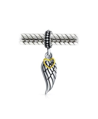 Two Tone Heart Dangle Charm Bead with Angel Wing Feather Bracelet