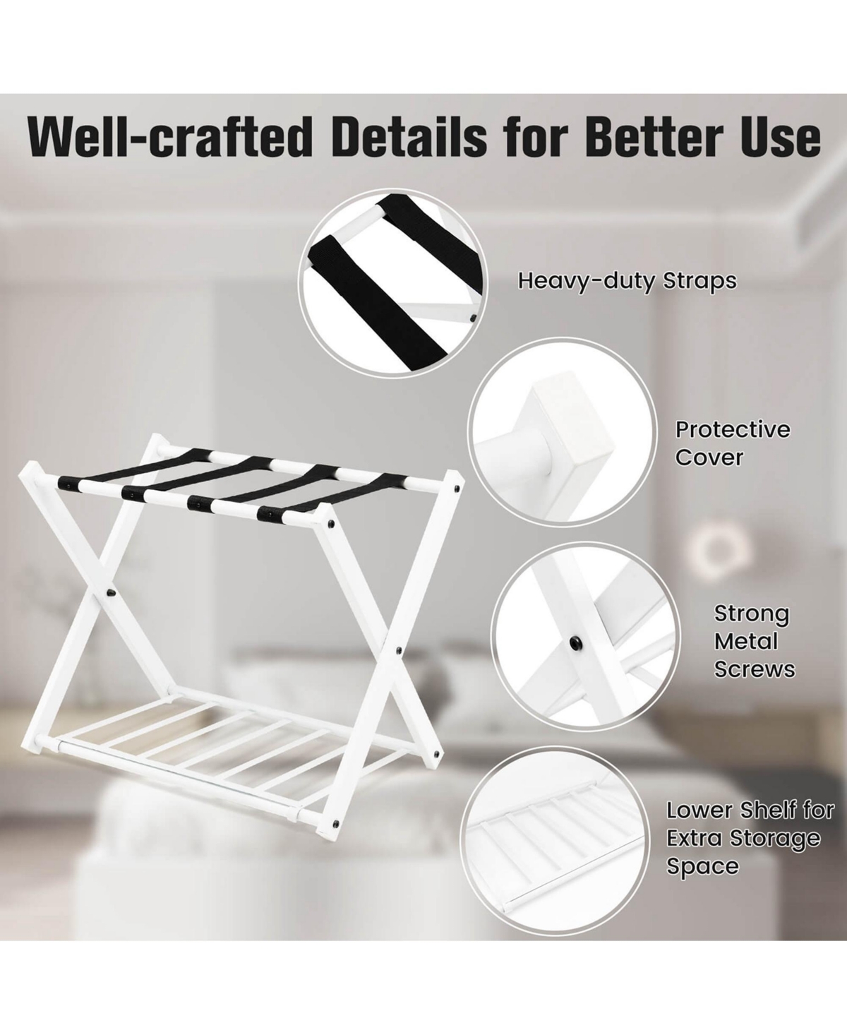 Costway Set of 4 Folding Metal Luggage Rack Suitcase Shoe Holder Hotel Guestroom withShelf