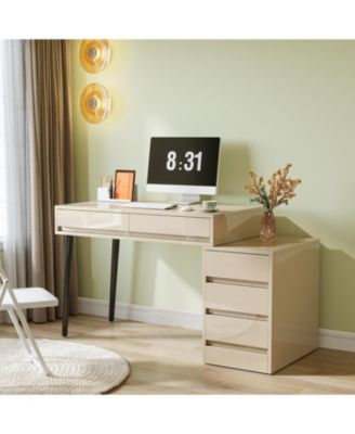modern, reversible, wood desk with 5 drawers, printer stand, storage — ideal for home office, bedroom, or living room setup.