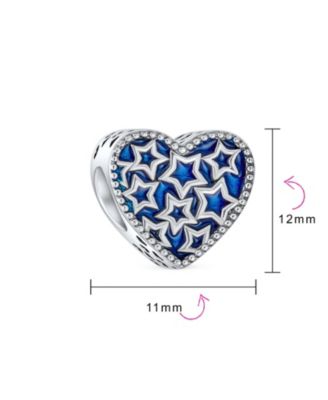 Patriotic Midnight Blue Stars Heart Charm Bead Sterling Silver Bracelet
