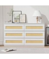 1Pc MDF 6-Drawer Rattan Anti-Tip Wide Storage Dresser Cabinet