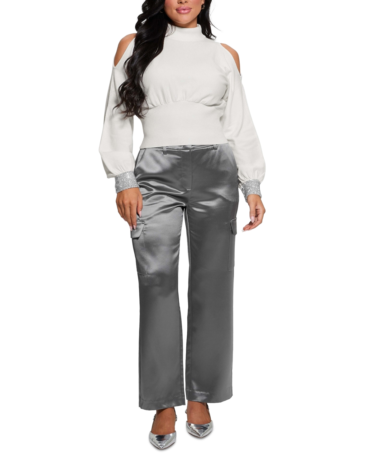 Guess Women's Long-Sleeve Cold-Shoulder Bling-Cuff Sweater