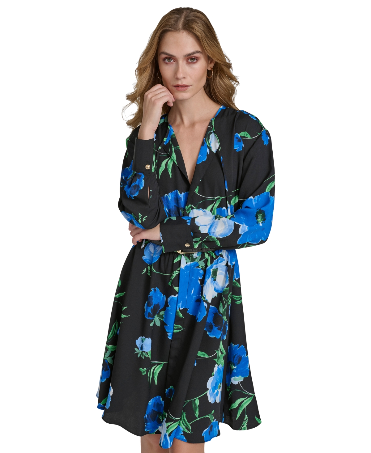 HALSTON WOMEN'S LONG-SLEEVE BELTED A-LINE DRESS 