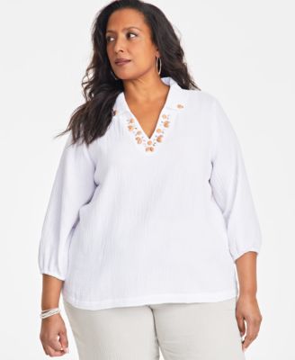 JM Collection - Plus Size Embellished Collar Cotton Gauze Top