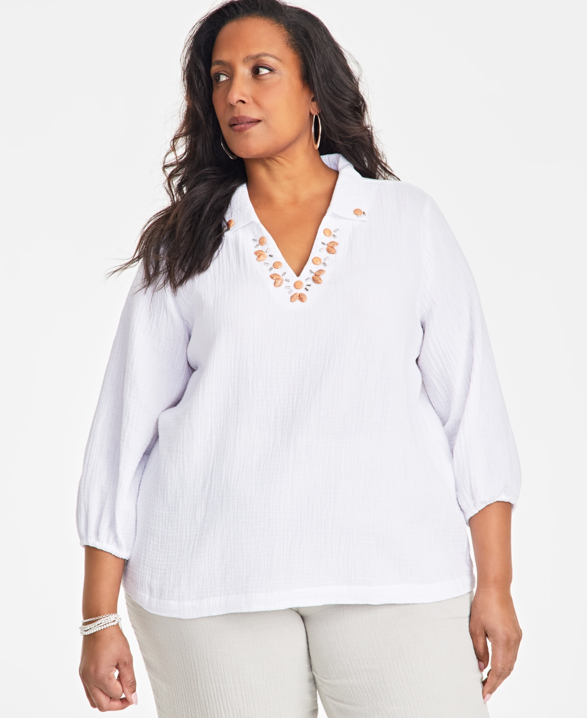 JM COLLECTION PLUS SIZE EMBELLISHED COLLAR COTTON GAUZE TOP, EXCLUSIVELY AT MACY'S 