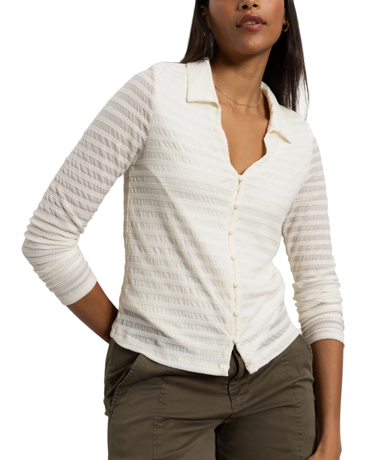 Sanctuary Stretch Lace Button-up Shirt In Chalk