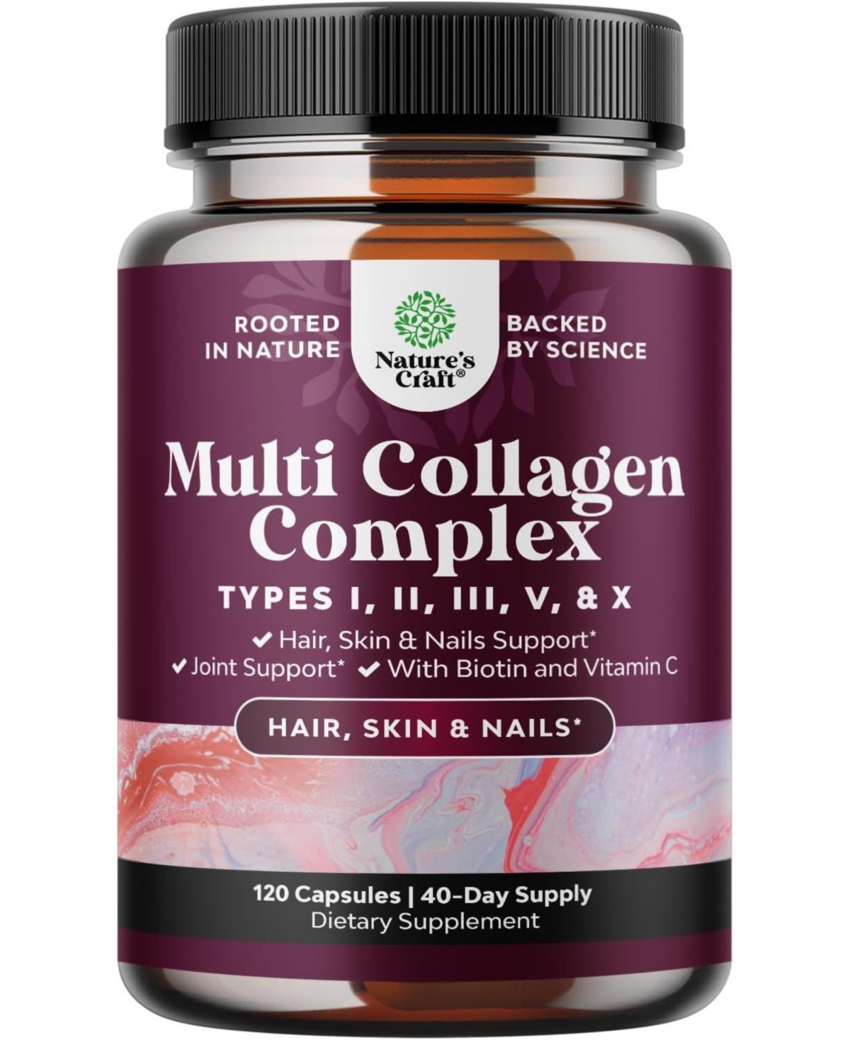 Multi Collagen Complex Capsules, Biotin and Collagen Supplement with BioPerine and Hair Skin and Nails Vitamins, Nature's Craft, 120ct