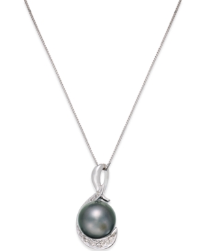 image of Cultured Tahitian Black Pearl (9mm) and Diamond (1/10 ct. t.w.) Swirl Pendant Necklace in 14k White Gold