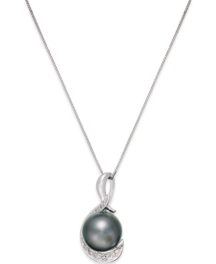Macy's - Cultured Tahitian Black Pearl (9mm) and Diamond (1/10 ct. t.w.) Swirl Pendant Necklace in 14k White Gold