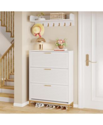 Modern Shoe Storage Cabinet with Wall Mount Coat Rack, Entryway Shoe Organizer Cabinet with 3 Flip Drawers, Narrow Shoe Cabinet for Hallway Living Room