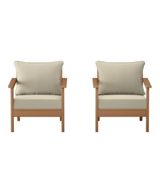 Outdoor Modern HDPE Patio Teak Club Chairs with Deep Seat Cushions (Set of 2)
