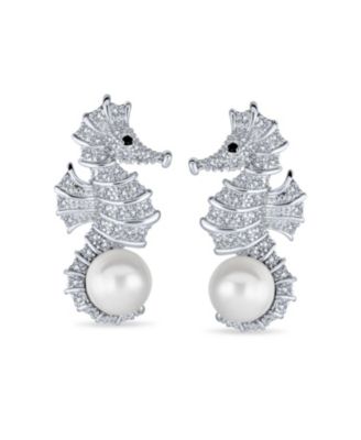 Nautical Cubic Zirconia CZ White Simulated Pearl Seahorse Earrings Brass
