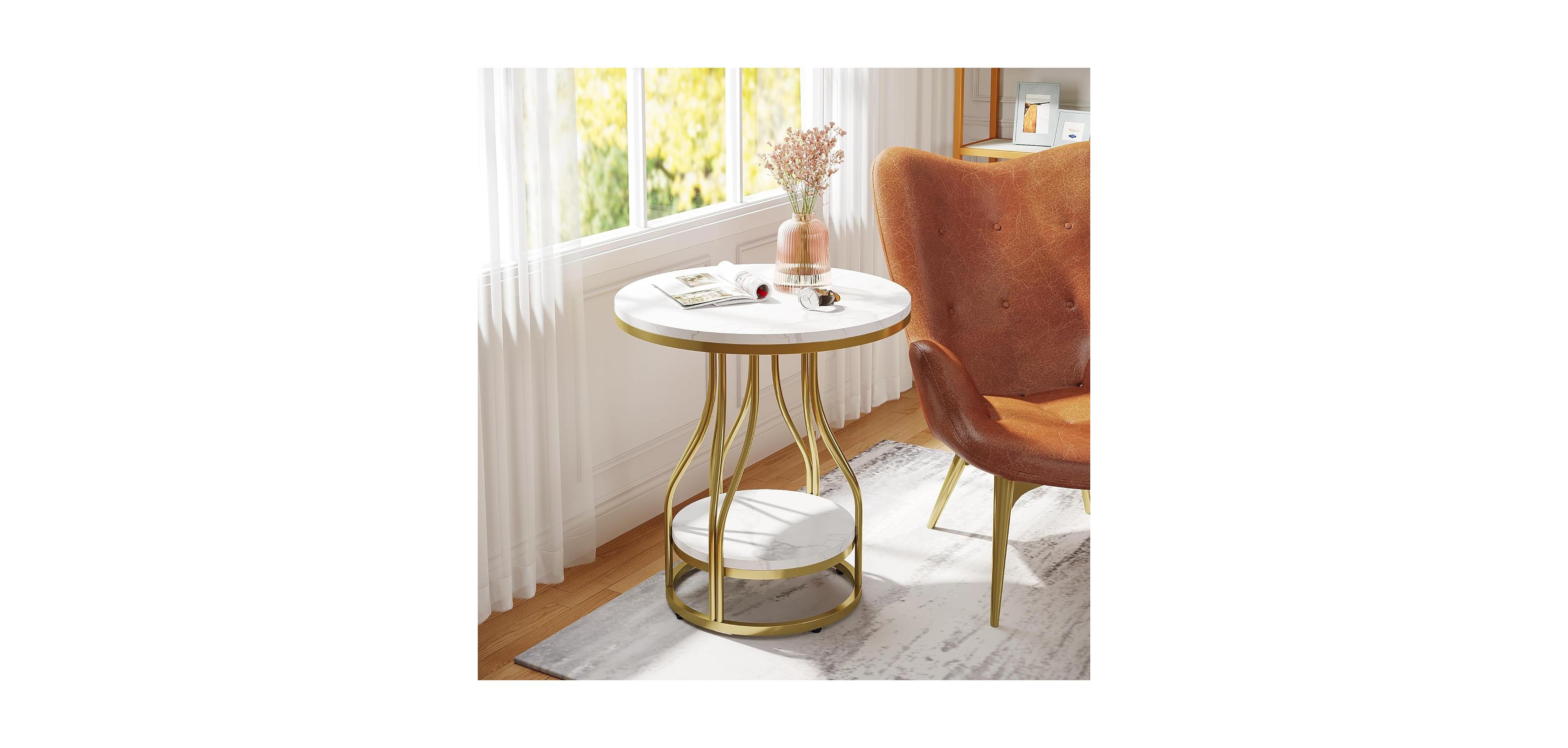Tribesigns Round Side Table White Gold End Table 2-Tier End Table Modern Bedside Table Small Side Table with Storage for Couch Side, Sofa Side Table w