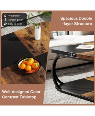 39 Inch Large Wood 2 Tier Coffee Table with Open Storage Shelf