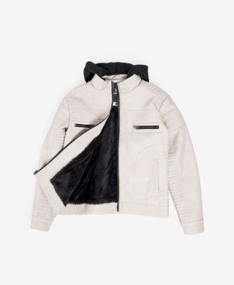 Boys Lined Moto PU Leather Jacket With Removable Hood
