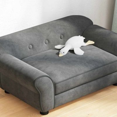 Dog Sofa Dark Grey Plush (80% polyester, 20% cotton), solid fir wood