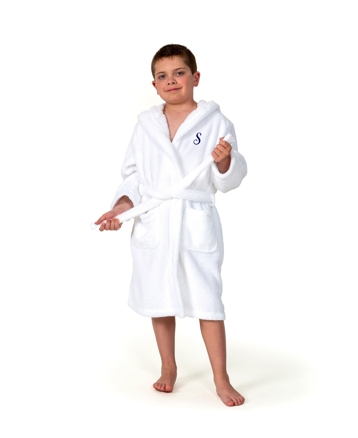 Linum Home Personalized Kids Super Plush Hooded Bathrobe In S White,navy