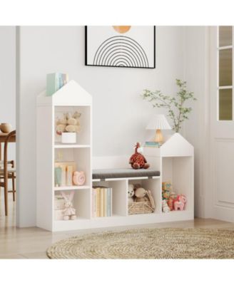 Kids Bookshelf with Reading Nook 47.75in Width Children Bookcase 6-Cubby Toy Storage Organizer Seat Cushion Wooden Storage Bench Playhouse Cabinet Kids Room, Playroom, Classroom, Nursery