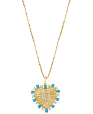 EFFY&reg; Turquoise & Diamond (1/8 ct. t.w.) Sunray Heart 18" Pendant Necklace in 14k Gold