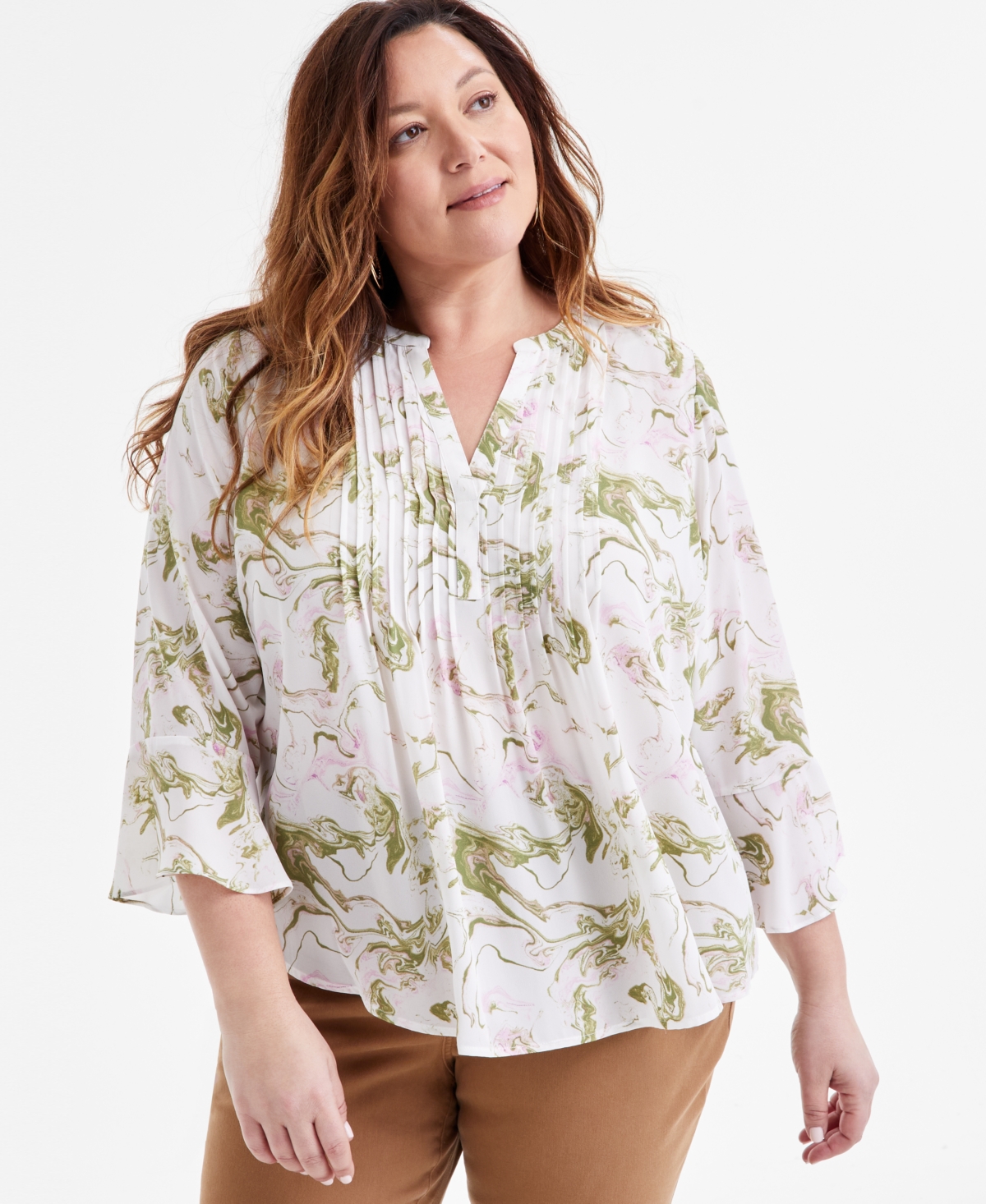 Macy's Plus Size Printed Pintuck Blouse, Exclusively At  In Marble Neo