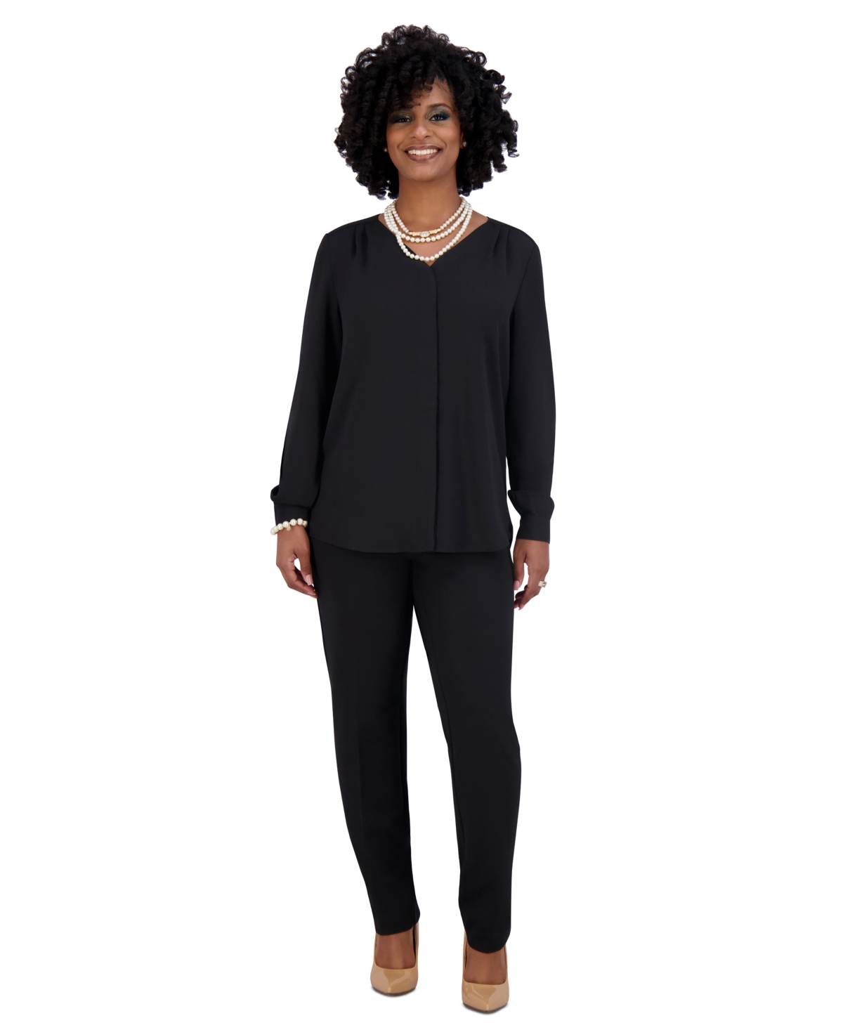 Kasper Women's V-neck Button-front Long-sleeve Blouse