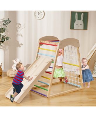 6-in-1 Jungle Gym Wooden Indoor Playground with Double-Sided Ramp and Monkey Bars