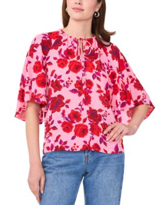 Sam & Jess - Women's Tie-Neck Floral-Print Raglan-Sleeve Top