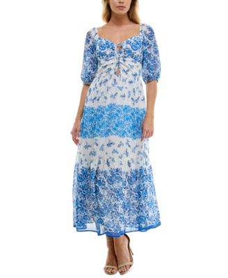 Trixxi - Juniors' Printed Cutout-Front Elbow-Sleeve Maxi Dress