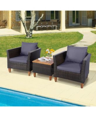 3 Pieces Outdoor Patio Wicker Furniture Set with Cushions and Acacia Wood Table