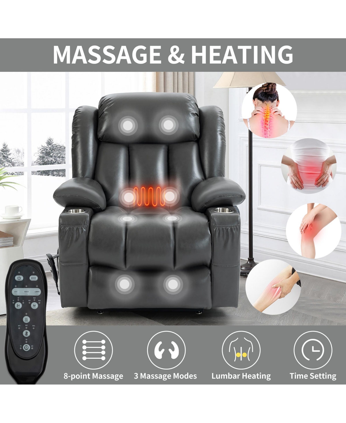 Power Lift Recliner Chair Heavy Duty Motion Mechanism with 8-Point Vibration Massage and Lumbar Heating Stainless steel Cup Holders