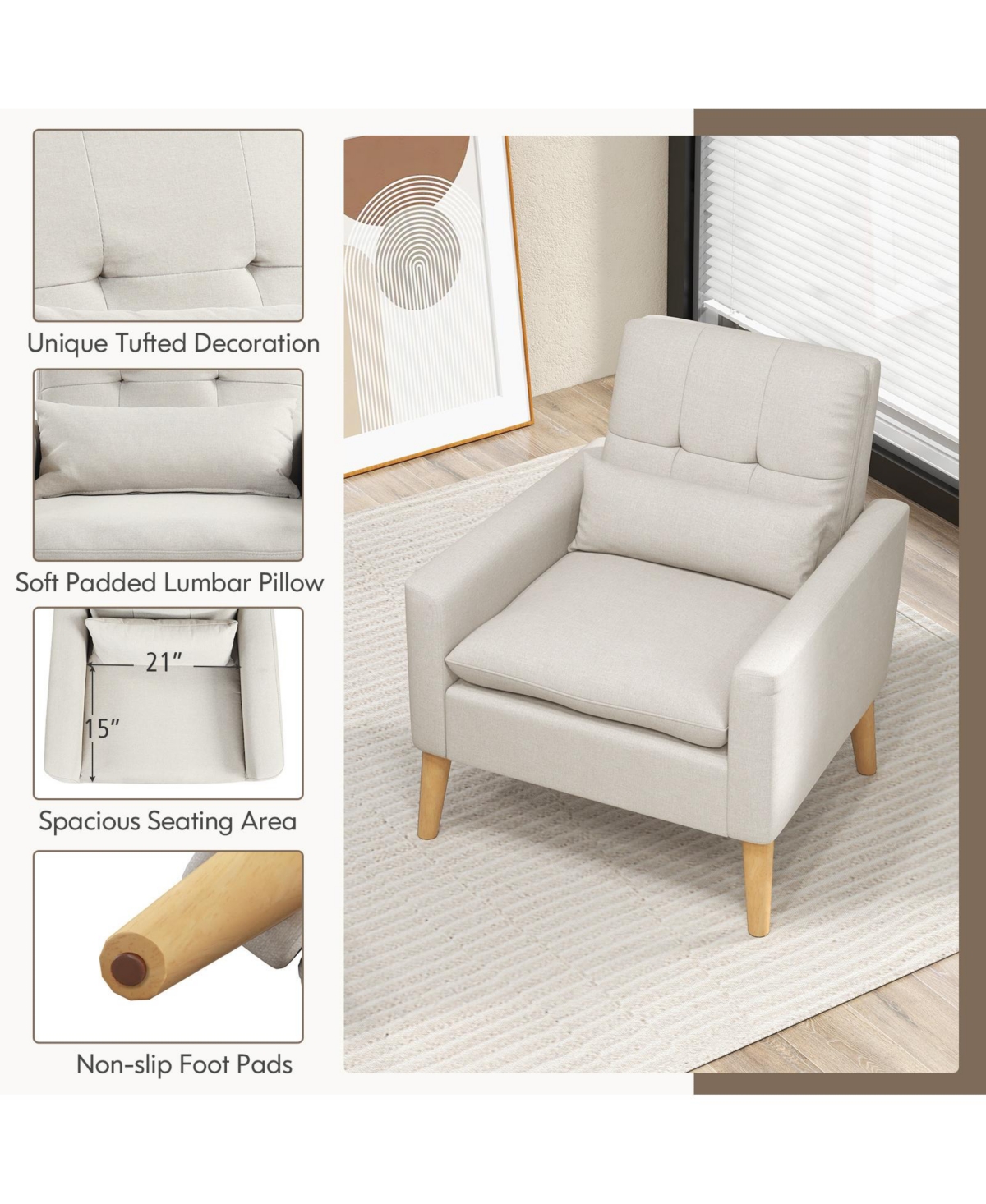 Gouun Accent Chair with Lumbar Pillow Rubber Wood Legs Padded Cushions -khaki
