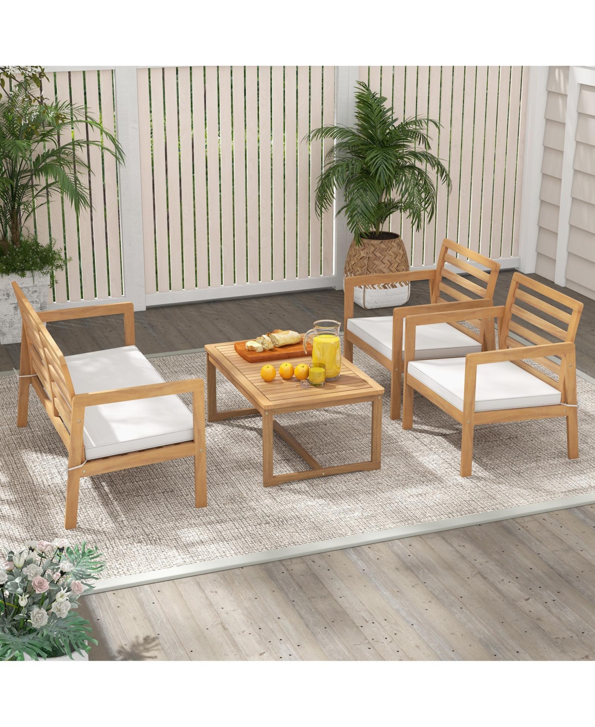 Gouun 4 Piece Wood Patio Conversation Set with 2 Armchairs and Coffee Table