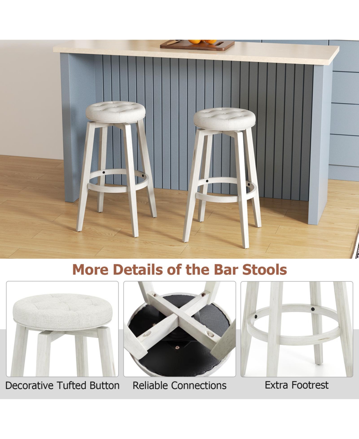 Gouun 360-Degree Swivel Upholstered Rubberwood Frame Bar Stool Set of 2 with Footrest-29 inches