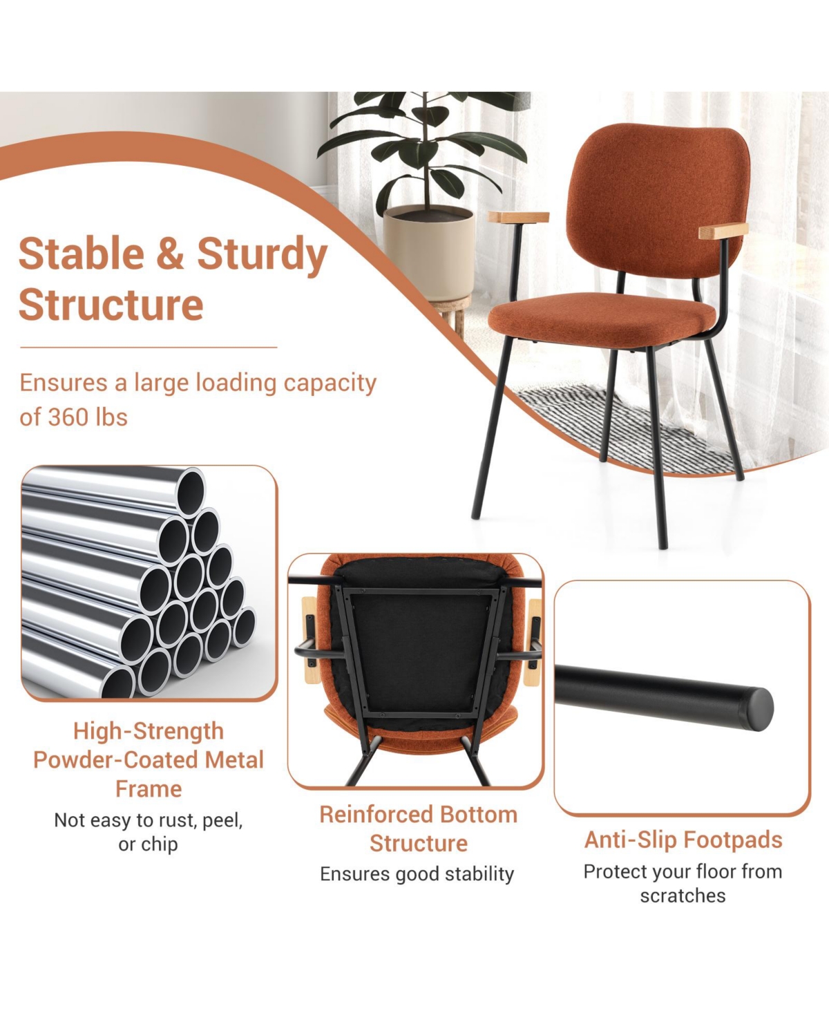 Gouun Set of 2 Modern Fabric Dining Chairs with Armrest and Curved Backrest