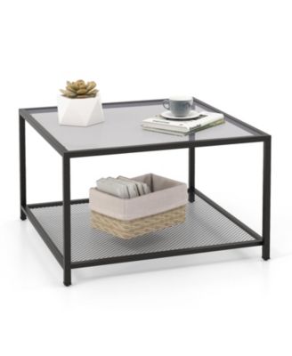 Modern 2-Tier Square Glass Table with Mesh Shelf