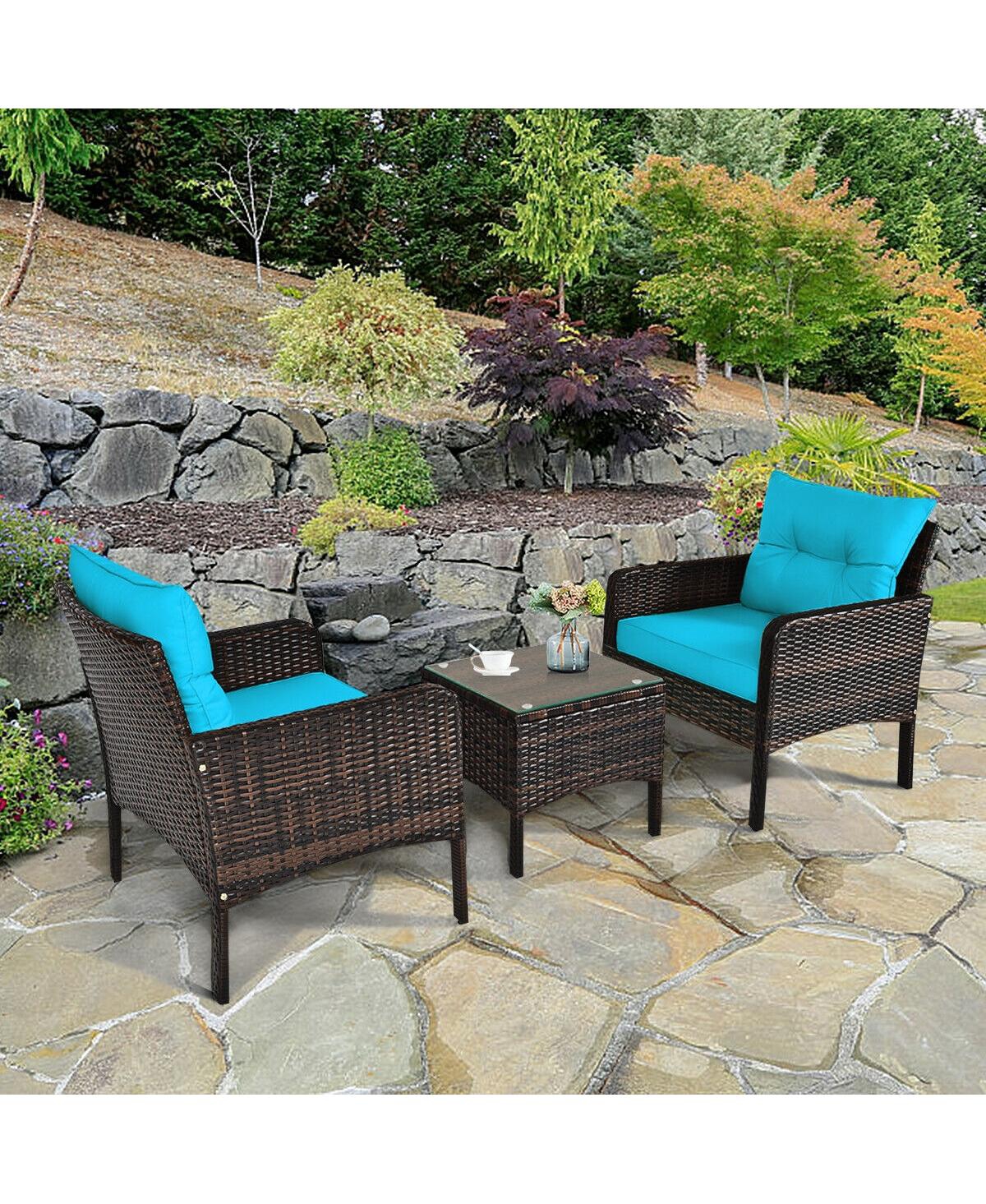 Gouun 3 Pcs Outdoor Patio Rattan Conversation Set with Seat Cushions -aqua