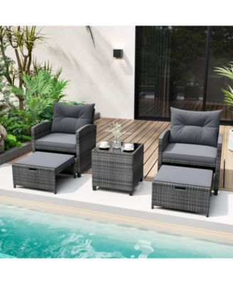 5 Piece Patio Rattan Furniture with 2 Ottomans and Tempered Glass Table