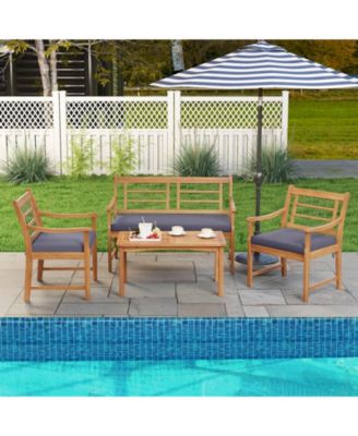 4 Piece Wood Patio Furniture with Armchairs Loveseat and Table