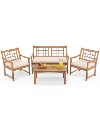 4 Piece Wood Patio Furniture with Armchairs Loveseat and Table-Off
