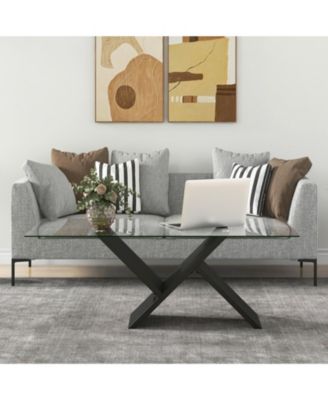 47 Inch Rectangle Glass Table Modern Center Table with Tempered Glass Tabletop