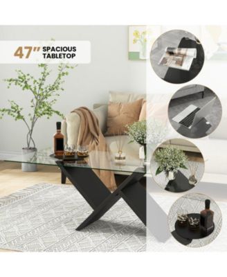 47 Inch Rectangle Glass Table Modern Center Table with Tempered Glass Tabletop