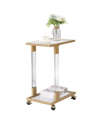 17.72"Golden Side Table, Acrylic Sofa Table, Glass Top C Shape Square Table with Metal Base for Living Room, Bedroom, Balcony Home and Office