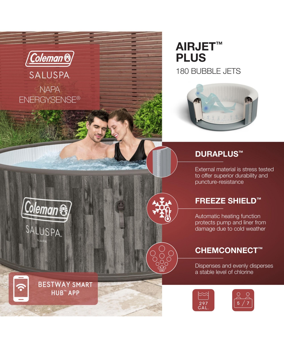 Coleman Napa AirJet Round Inflatable Hot Tub with EnergySense Cover, Brown