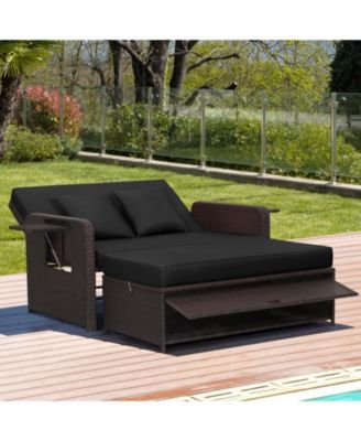 Patio Rattan Daybed with 4-Level Adjustable Backrest and Retractable Side Tray